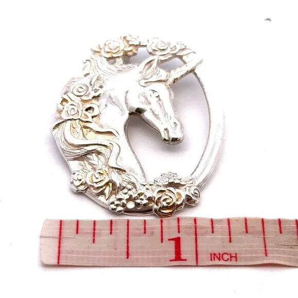 Estate 925 Sterling Silver Unicorn Whimsical Fantasy Oval Statement Pendant
